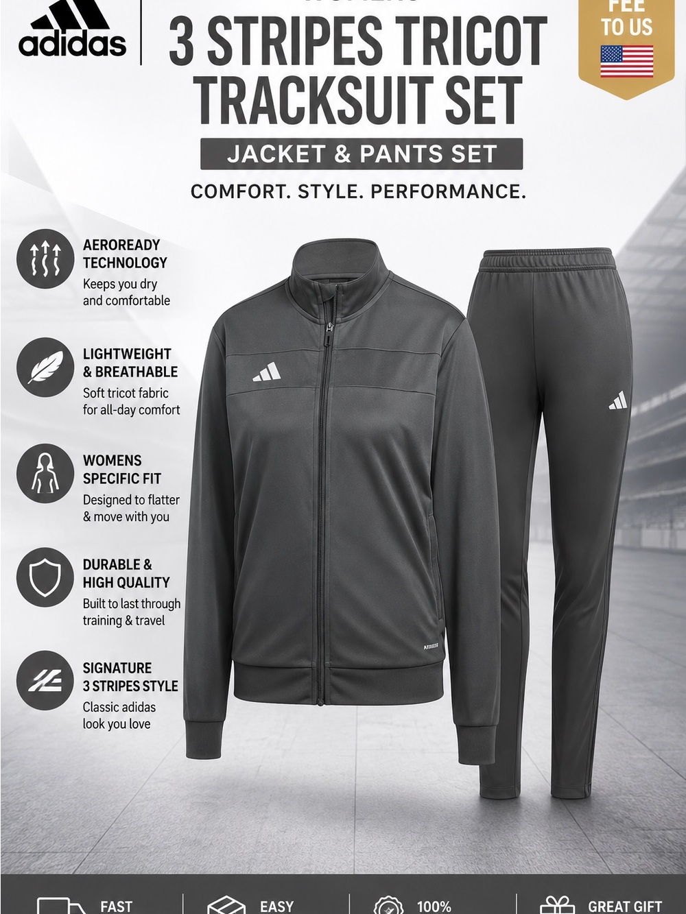 adidas Womens 3 Stripes Tricot Tracksuit Jacket & Pants Set grey medium